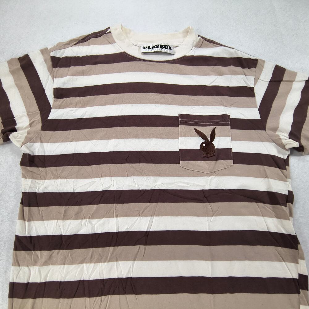 Playboy Graphic Casual Short Sleeve Crew Neck T Shirt Mens Size S Tan Brown